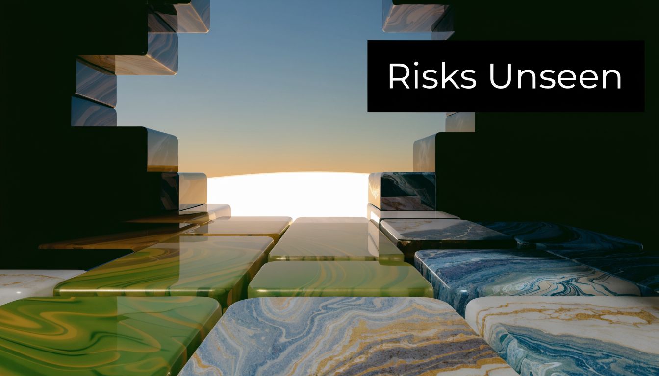 A conceptual 3D render featuring floating marble tiles leading toward a bright, open horizon titled Risks Unseen.