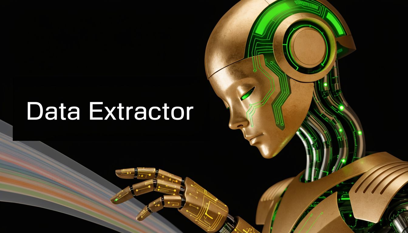 A sleek, golden humanoid robot with glowing green circuitry designs, reaching out toward digital data streams.