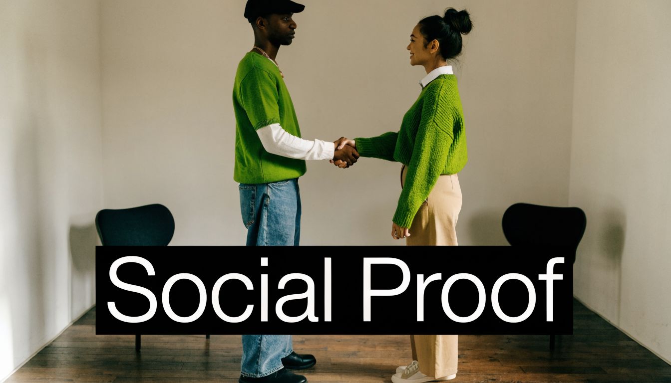 A man and a woman in green sweaters shake hands in an office with the text Social Proof.