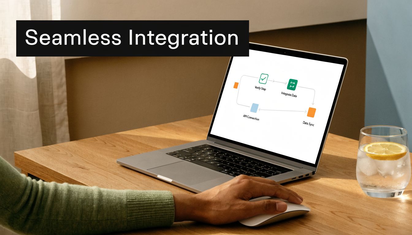 A person using a laptop on a wooden desk to manage digital data integration processes.