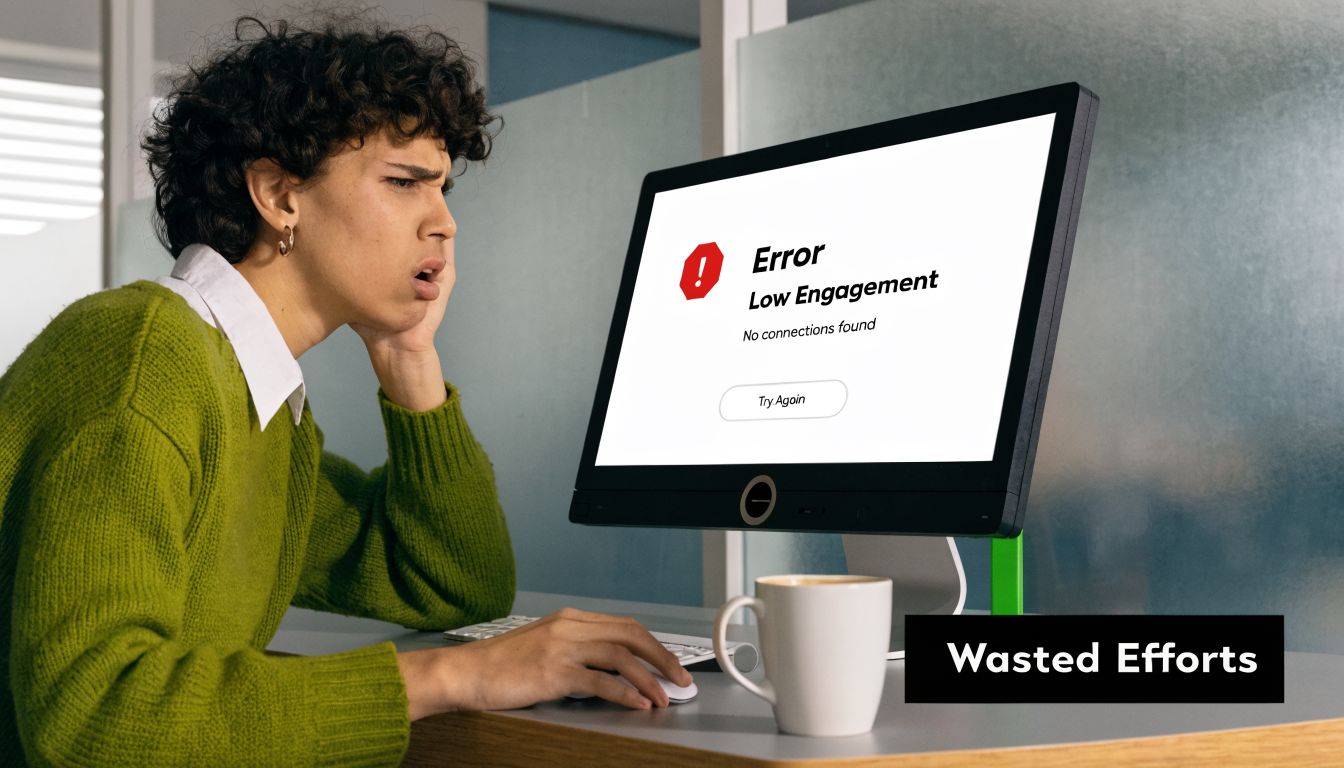 A confused person looking at a computer screen displaying an error message about low engagement and connections.