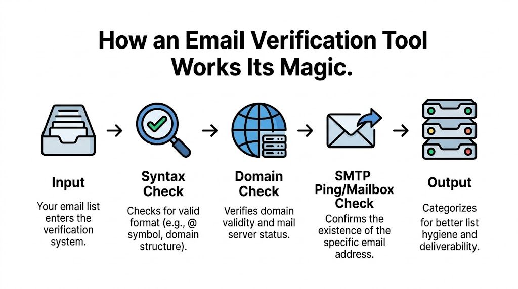 A diagram illustrating the step-by-step process of how an email verification tool checks and cleans email lists.