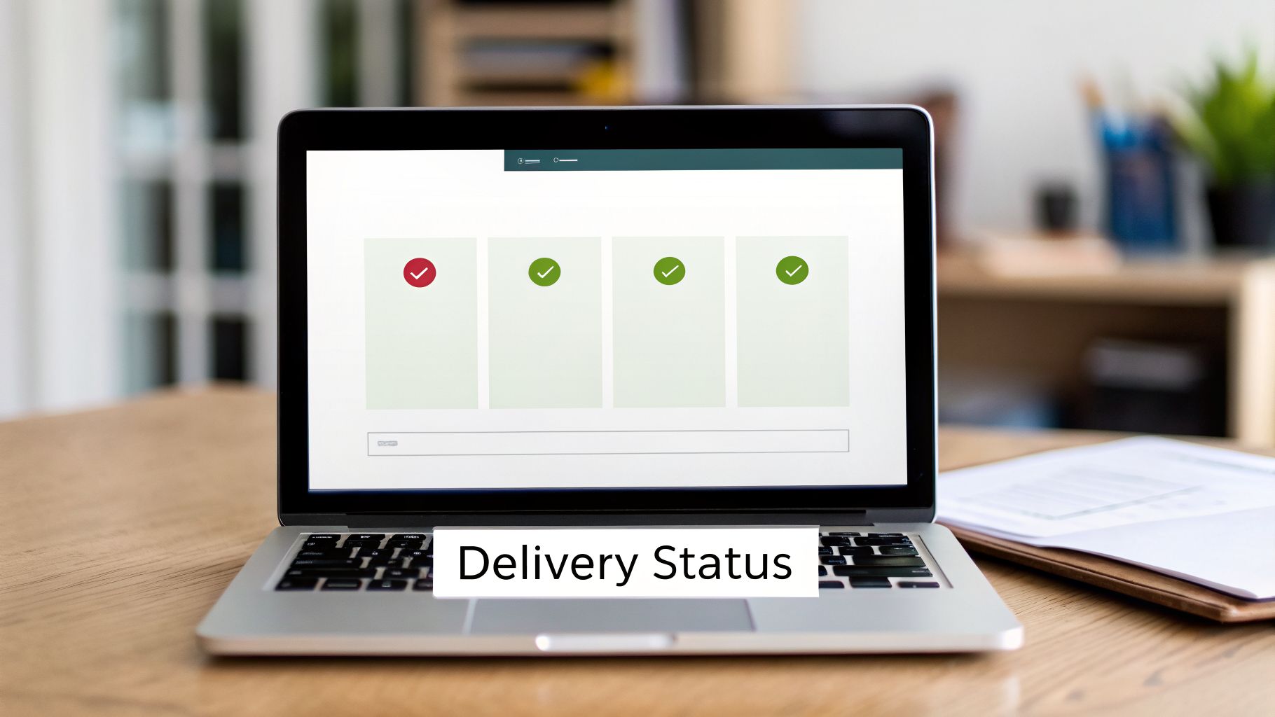 A laptop on a wooden desk displays a delivery status interface with various order progress indicators.