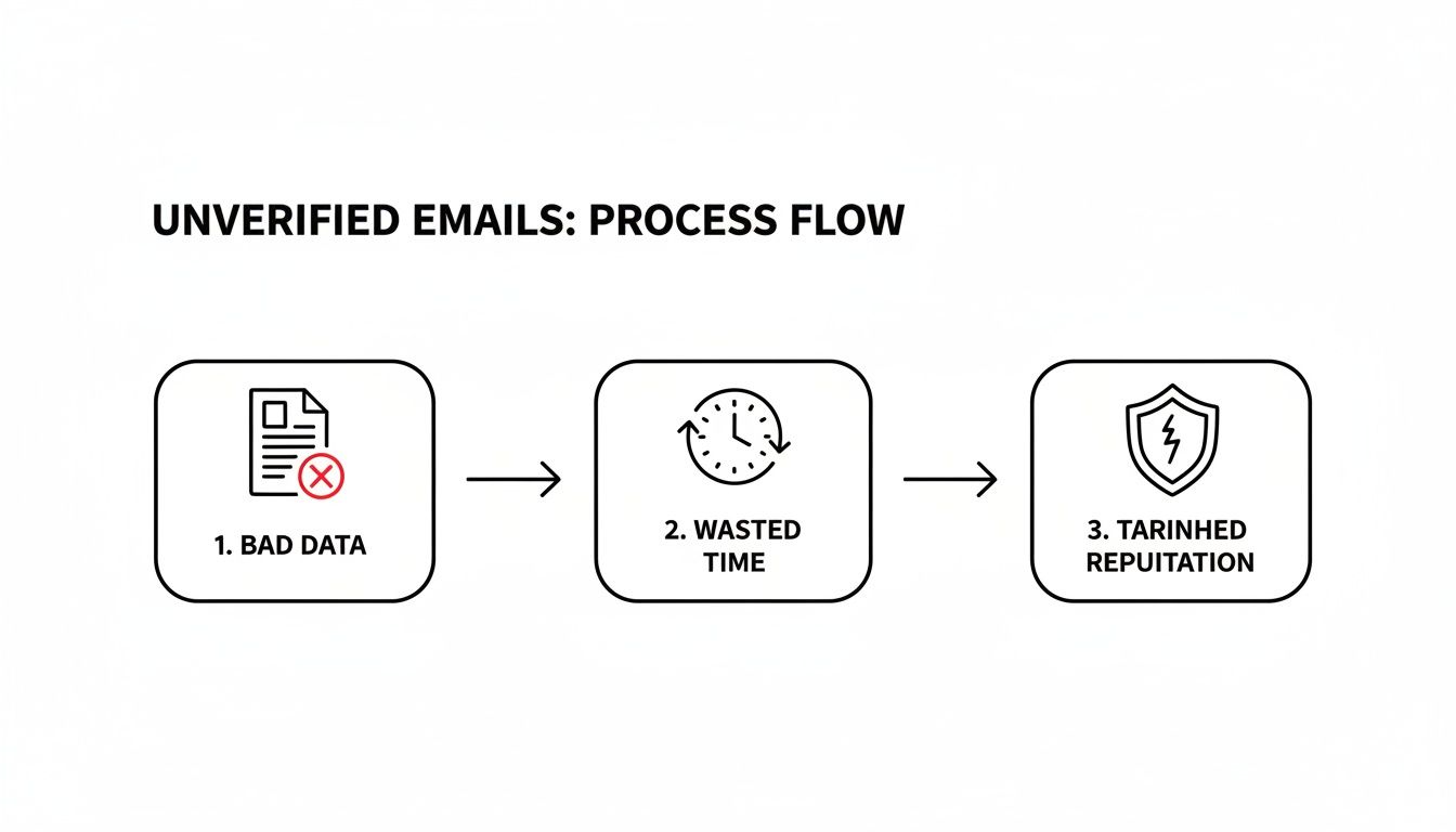 Flow chart illustrating the negative impacts of unverified emails: bad data, wasted time, tarnished reputation.