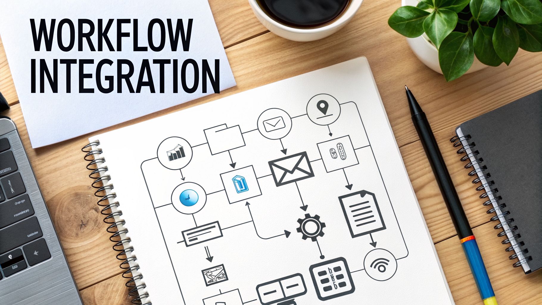A desk flat lay with a notebook showing a workflow diagram and 'WORKFLOW INTEGRATION' text.