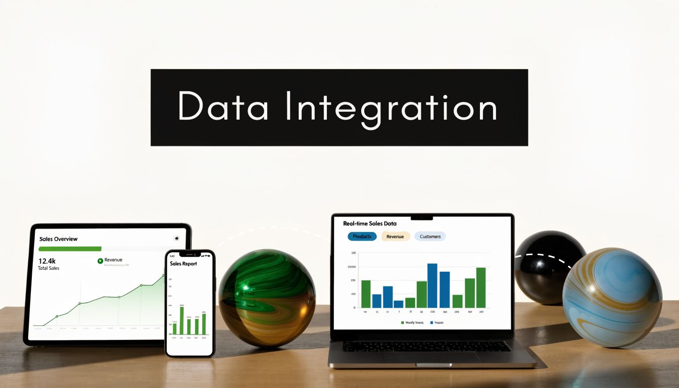 A digital display showing business data and sales analytics integrated across a tablet, smartphone, and laptop.