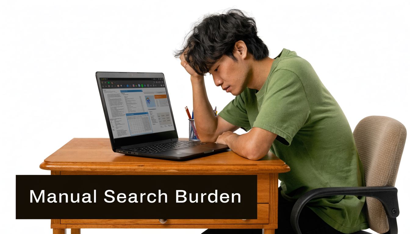 A young man sitting at a wooden desk looking frustrated while working on his laptop computer.