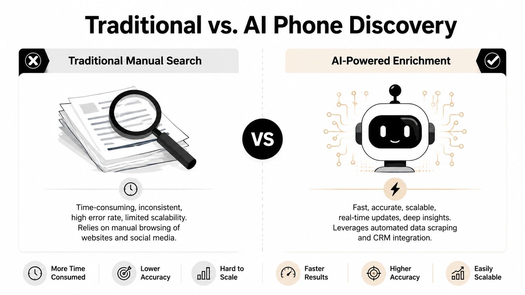 A comparison chart showing the differences between traditional manual phone number search and AI-powered enrichment methods.