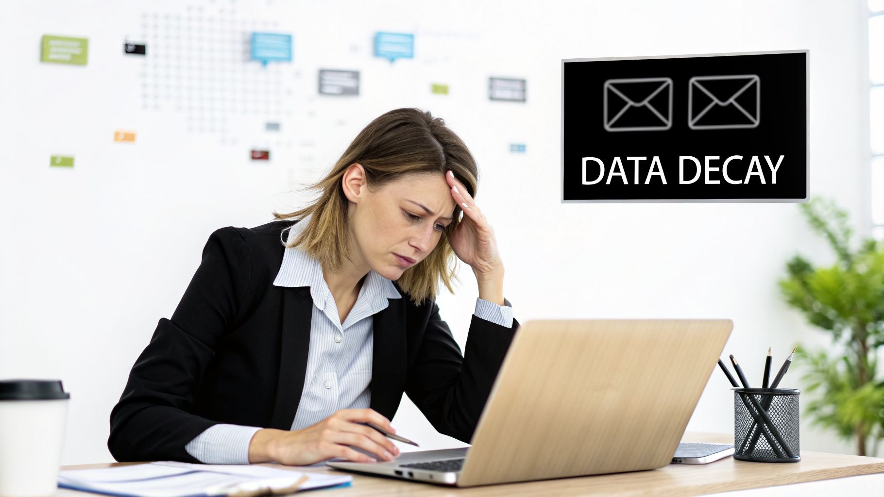 A frustrated woman working on a laptop, with 'DATA DECAY' and email icons on a background screen.