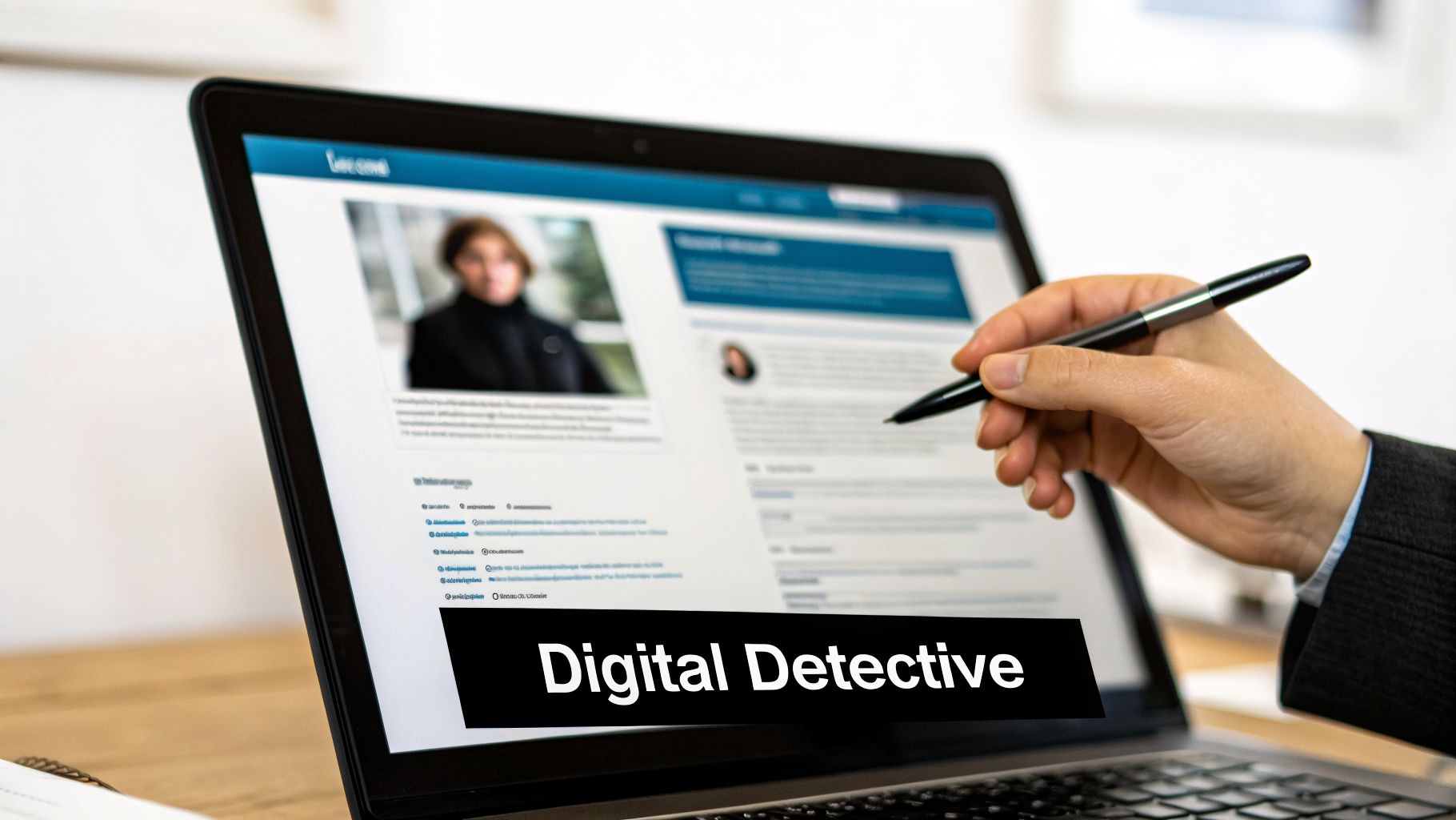 A person's hand holds a pen, pointing at a laptop screen displaying a profile and 'Digital Detective' text.