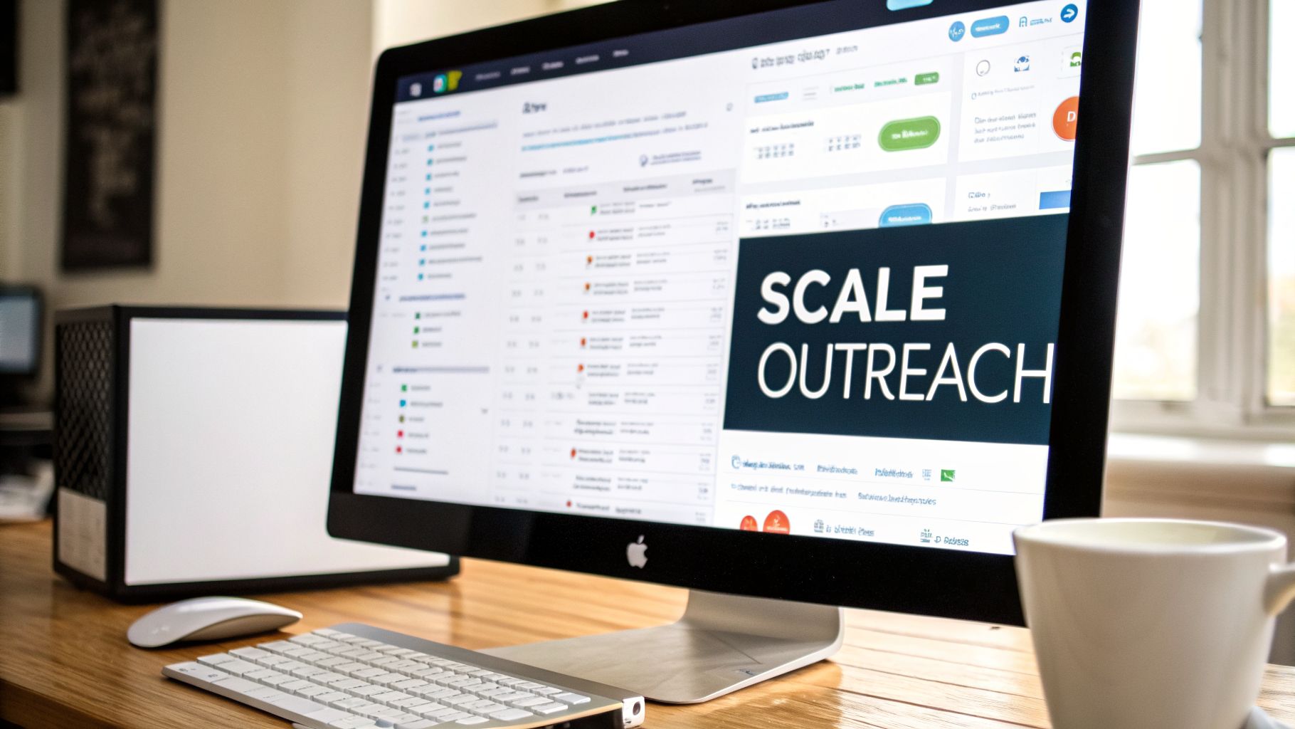 A modern desk setup featuring an iMac displaying a 'Scale Outreach' marketing dashboard.