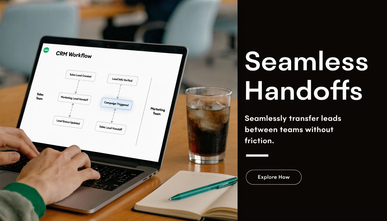A professional working on a laptop displaying a CRM workflow diagram illustrating seamless lead handoffs between teams.