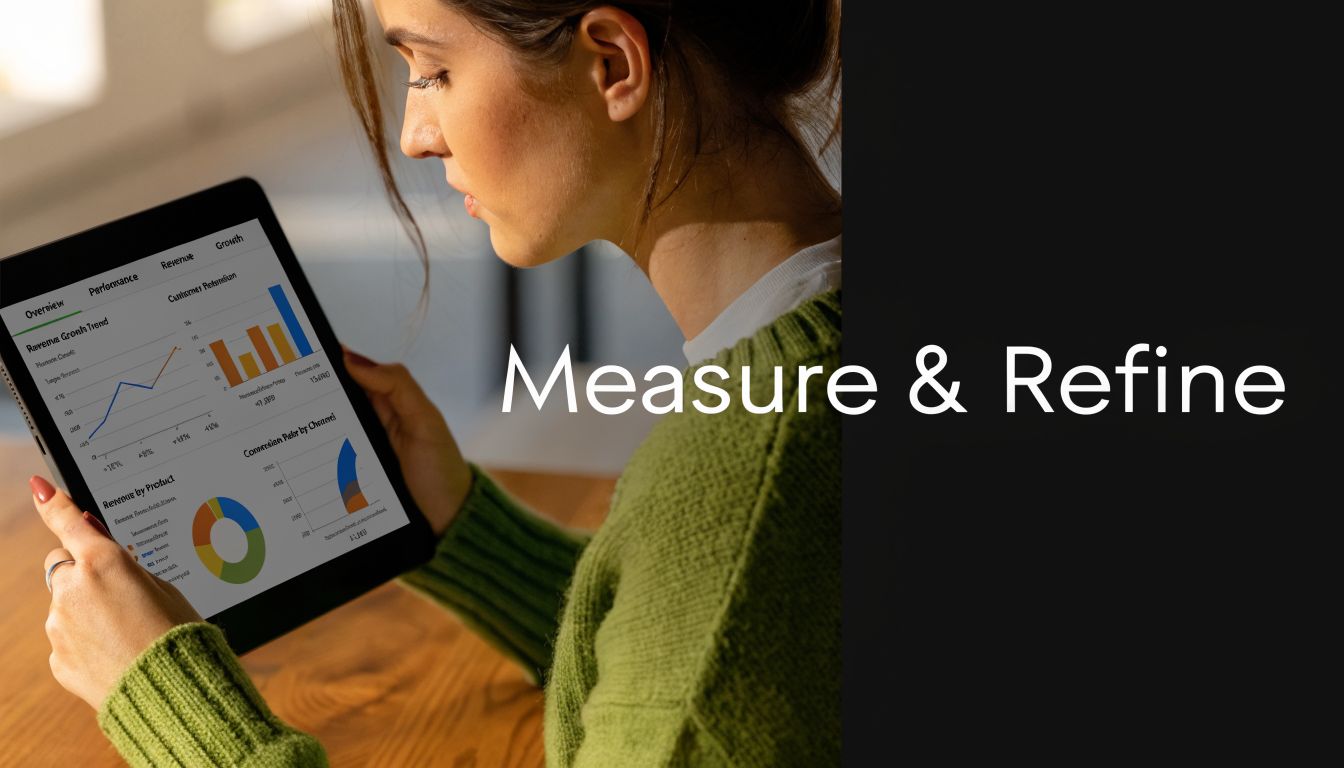 A woman analyzing business analytics and data visualization charts on a tablet screen for strategic growth.