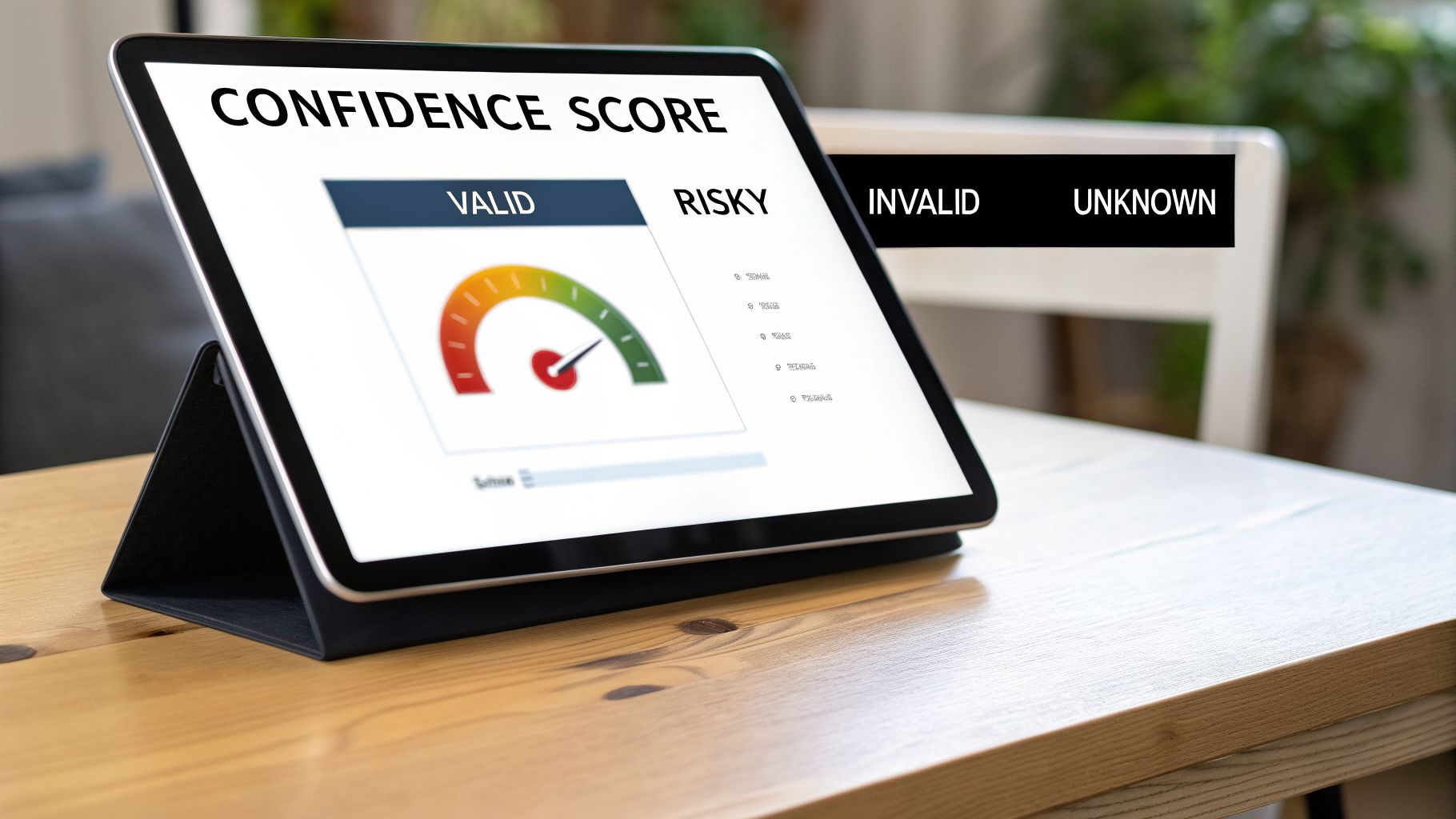 A tablet on a wooden table displays a 'Confidence Score' screen with a gauge indicating a risky rating.