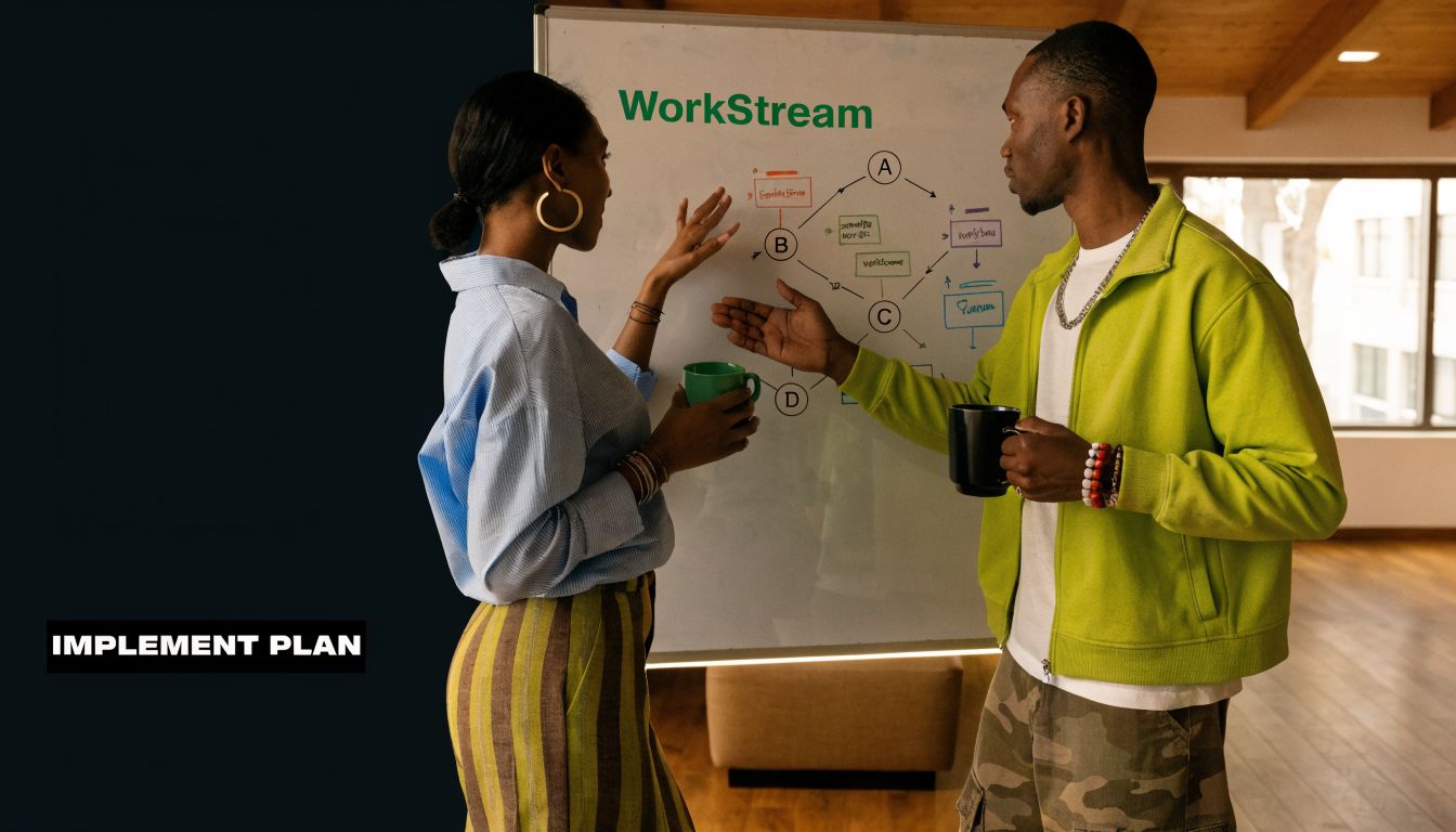 A professional woman and man collaborating while discussing a business workstream diagram on a whiteboard.