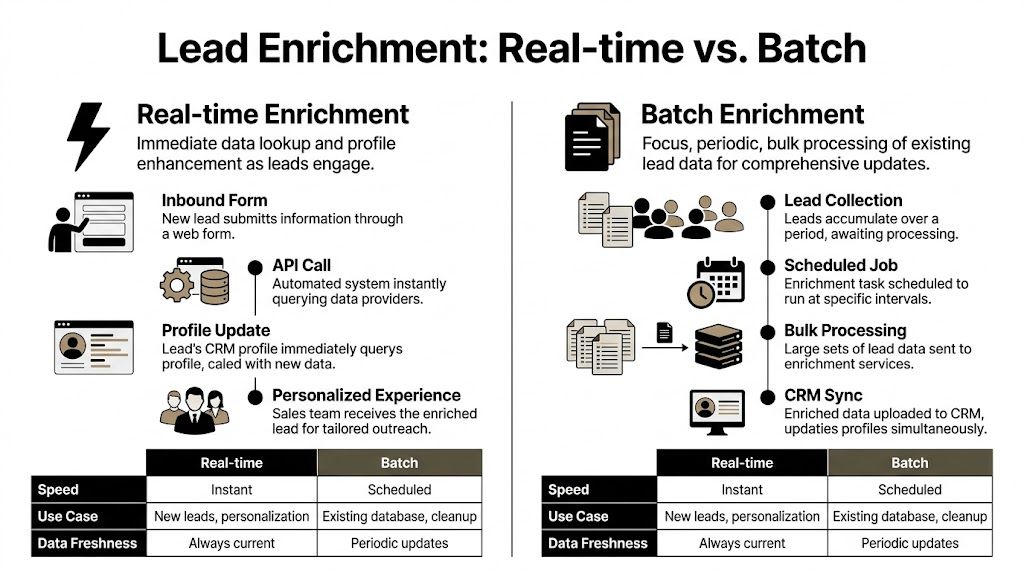 A comparison chart explaining the differences between real-time and batch lead enrichment processes for businesses.
