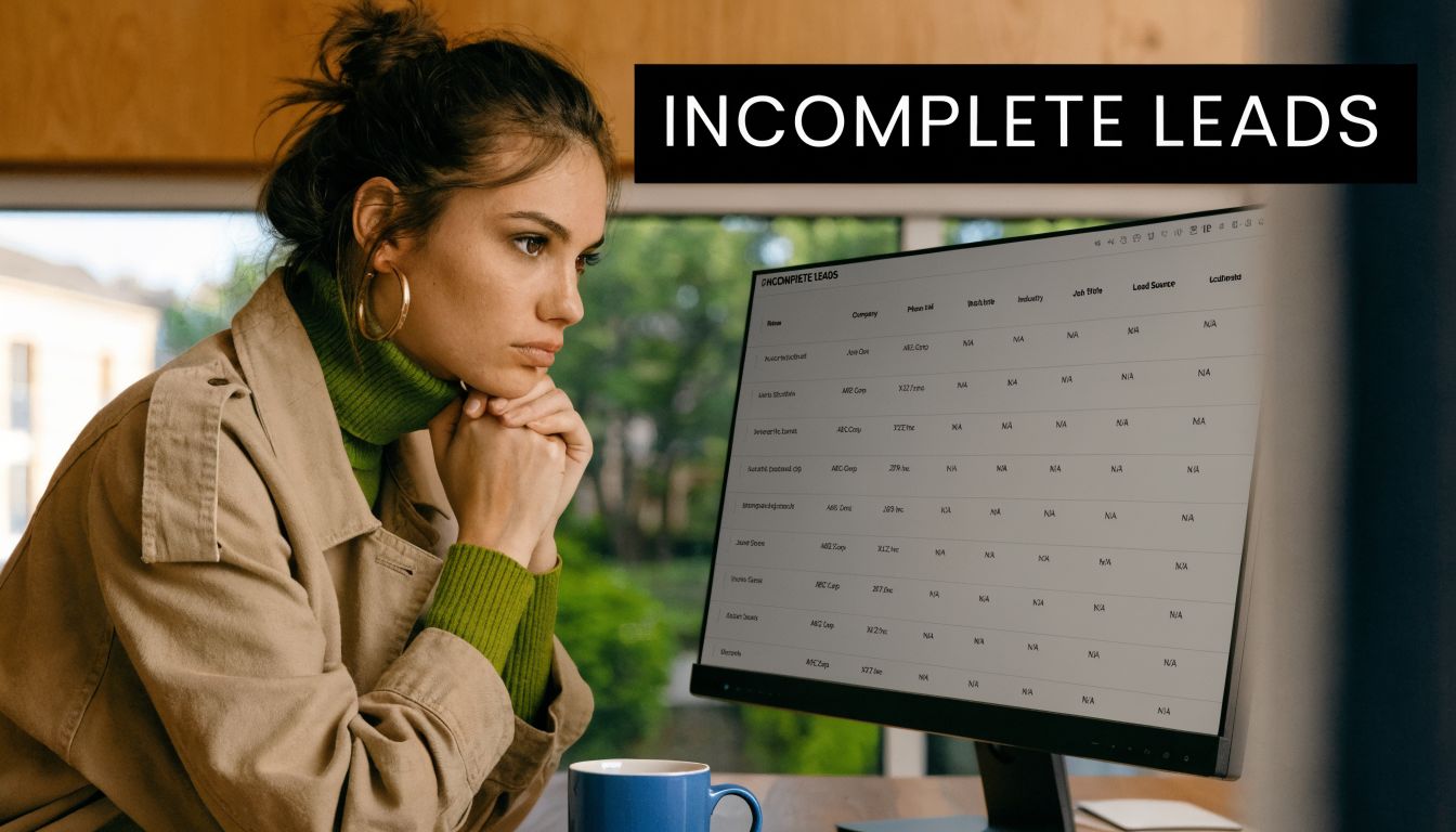 A professional woman working at a computer screen displaying an incomplete leads spreadsheet in an office.