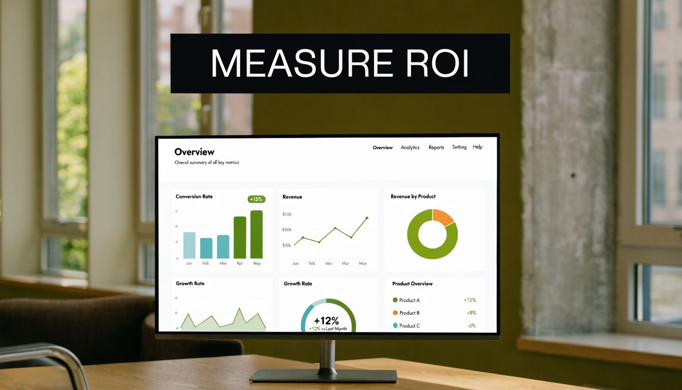 A modern computer monitor on a wooden desk displaying a digital dashboard for tracking business ROI metrics.