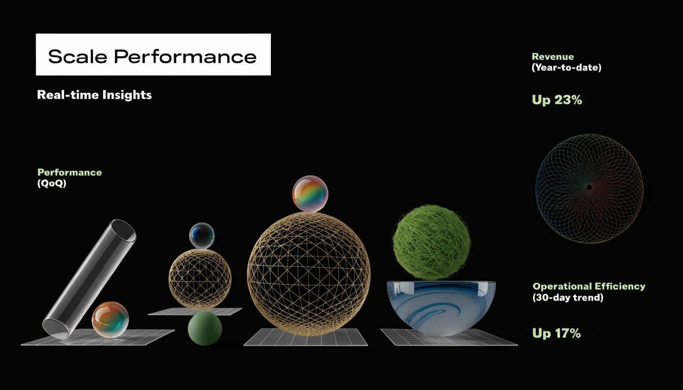 A conceptual digital visualization of business performance metrics showing abstract 3D geometric shapes and data growth trends.