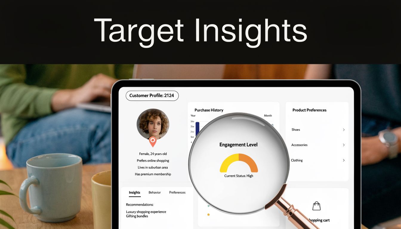 A tablet screen displaying customer profile analytics with a magnifying glass showing high engagement levels for marketing.