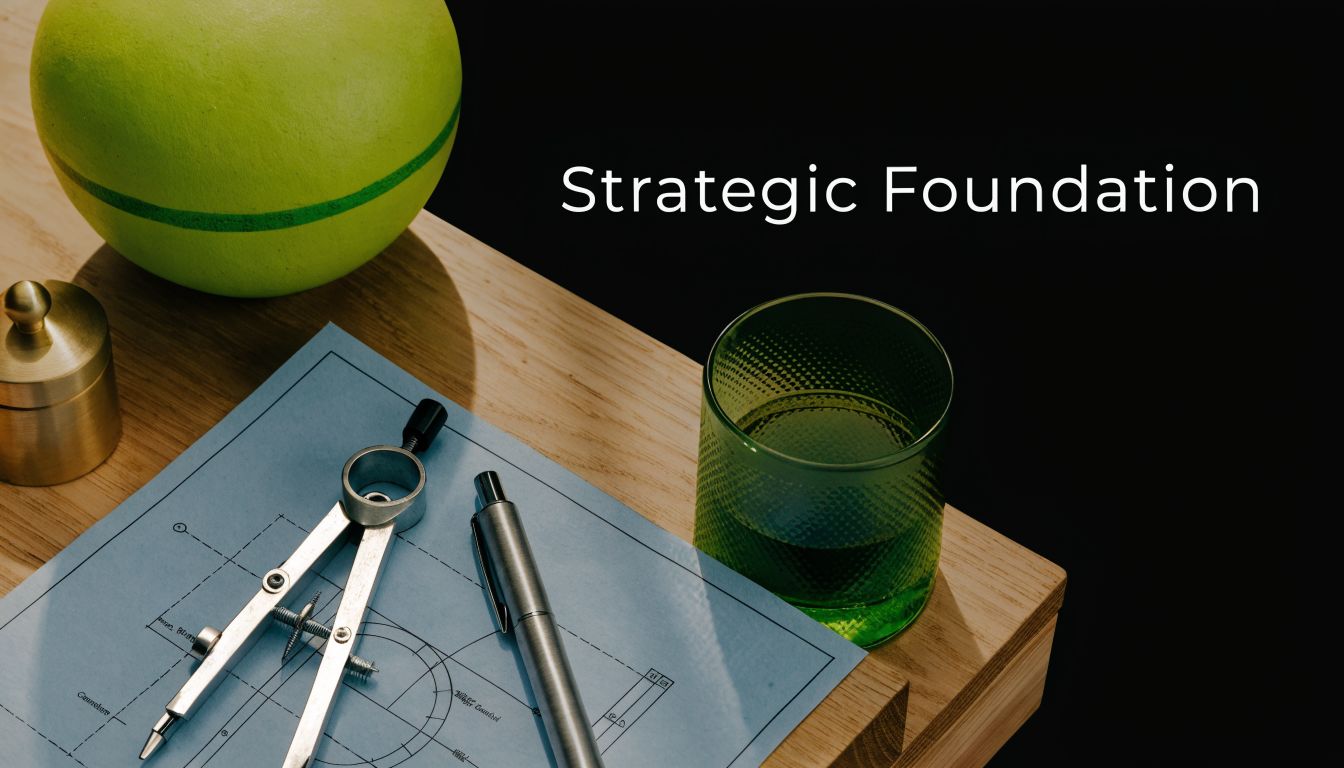 A professional desk setup featuring a blueprint, drafting compass, pen, and a green glass on a wooden surface.