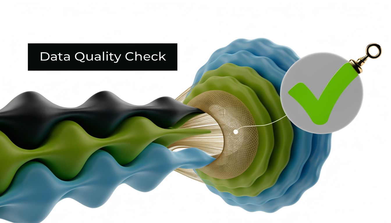 A 3D abstract graphic illustrating a data quality check process with flowing colorful streams and a symbol.