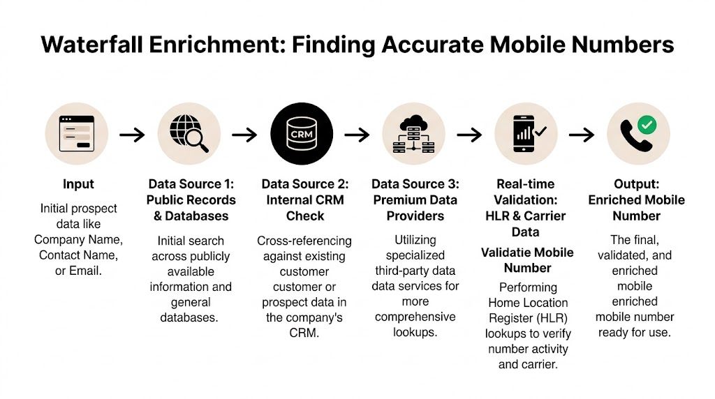 A diagram illustrating the waterfall enrichment process for finding and validating accurate mobile phone numbers for prospects.