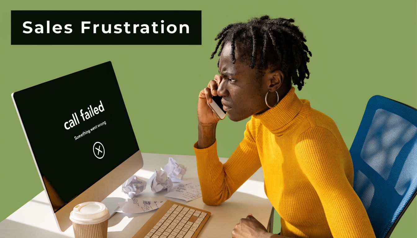 A frustrated person in a yellow sweater making a phone call at a desk with a computer error.