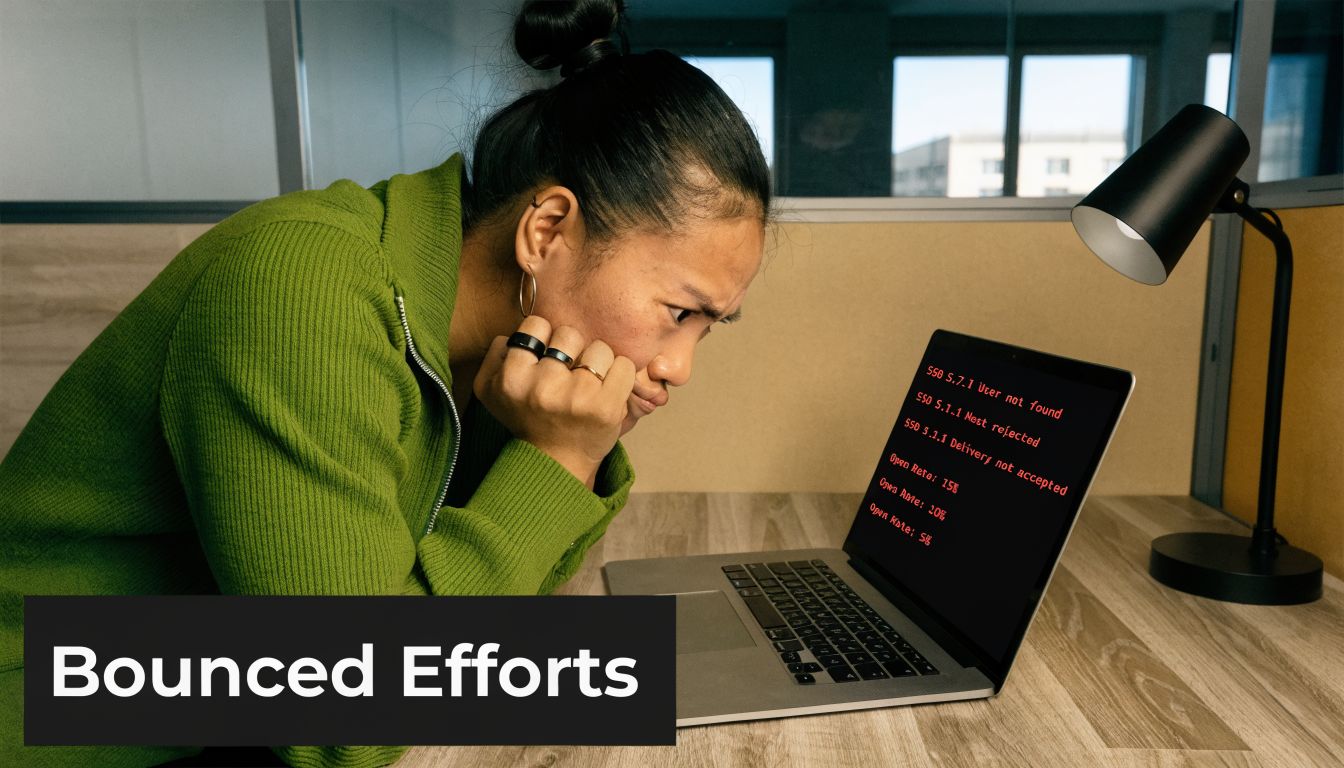 A frustrated professional looks at error messages and poor email metrics on her laptop screen.