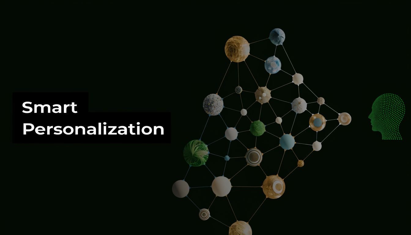 A digital graphic depicting Smart Personalization with a network of spheres connected by lines and a head silhouette.
