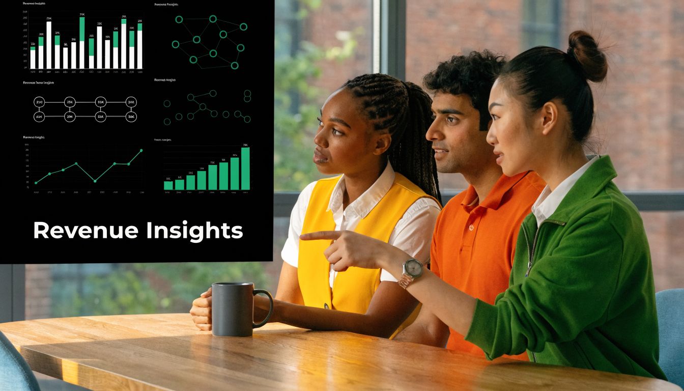Three business professionals collaborating during a meeting while looking at various digital charts and revenue data.