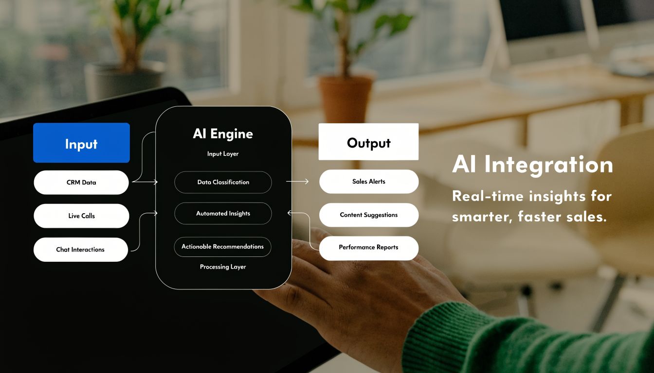 A diagram illustrating an AI engine processing CRM data, calls, and chats into sales alerts and insights.