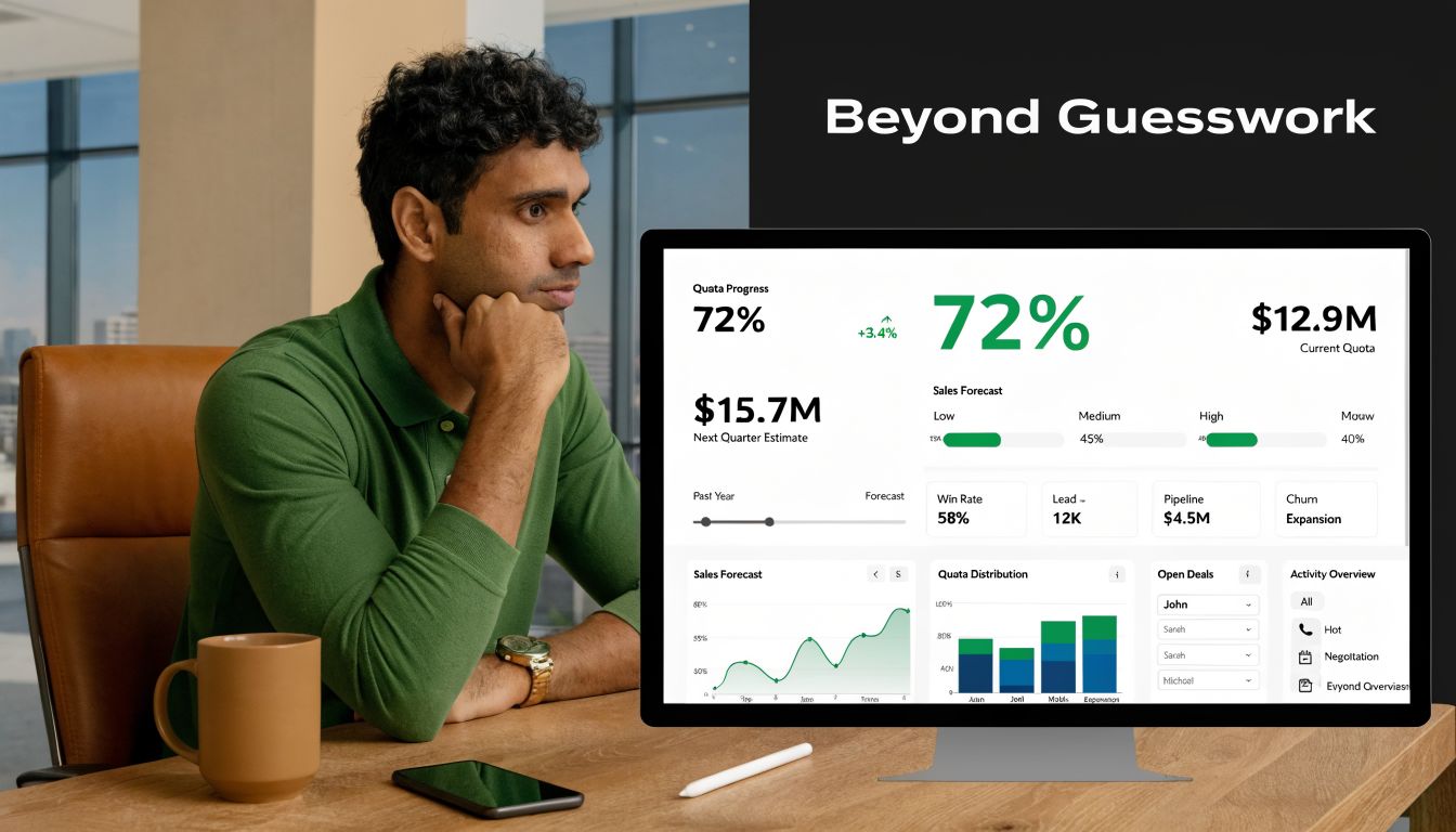 A professional man looking thoughtfully at a computer screen displaying a comprehensive sales analytics dashboard.