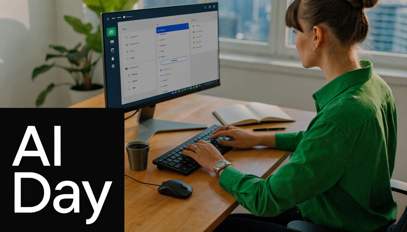 A woman working on a computer featuring AI software at her wooden desk in a bright office.