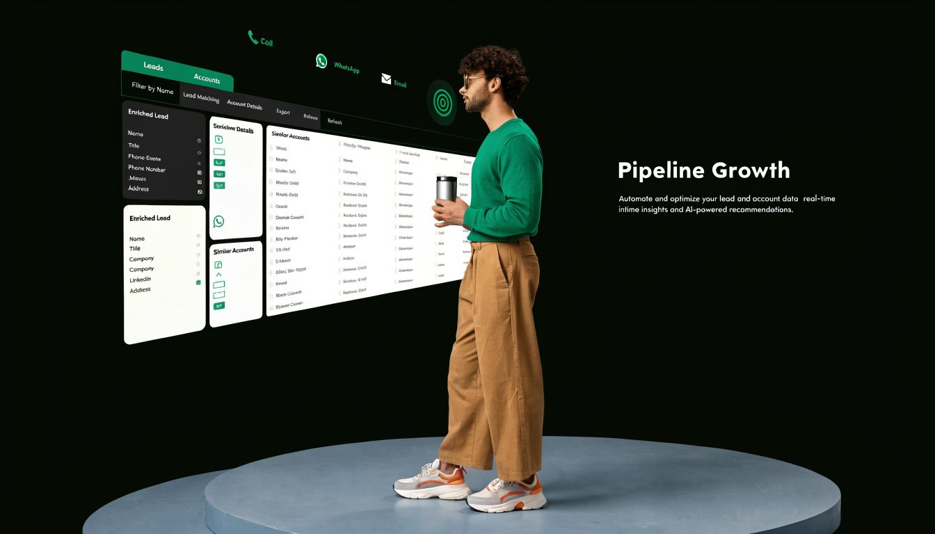 A professional standing in front of a digital interface representing AI-powered pipeline growth and data automation software.
