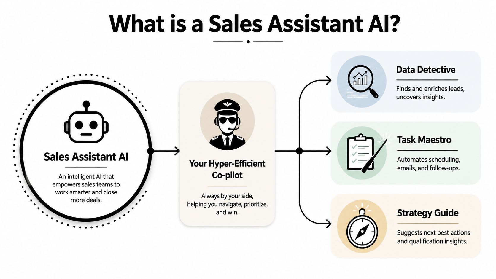 A diagram illustrating how a Sales Assistant AI acts as an efficient co-pilot for sales teams.