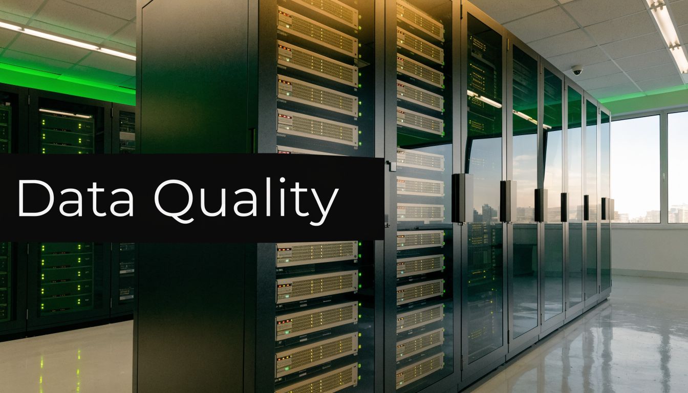 A professional server room with rows of data storage racks and the text Data Quality overlaid.