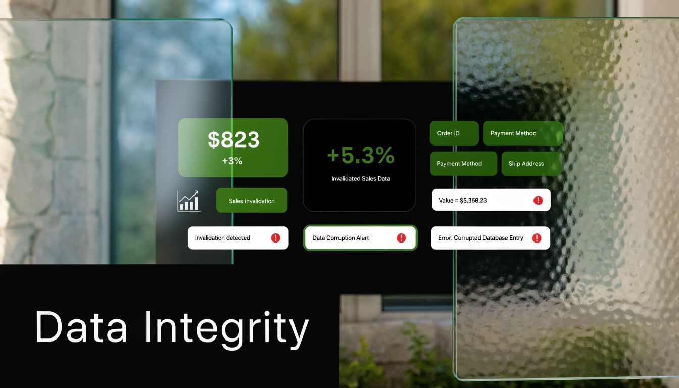 A data dashboard visualization highlighting sales analytics with various error alerts and data corruption warnings displayed.