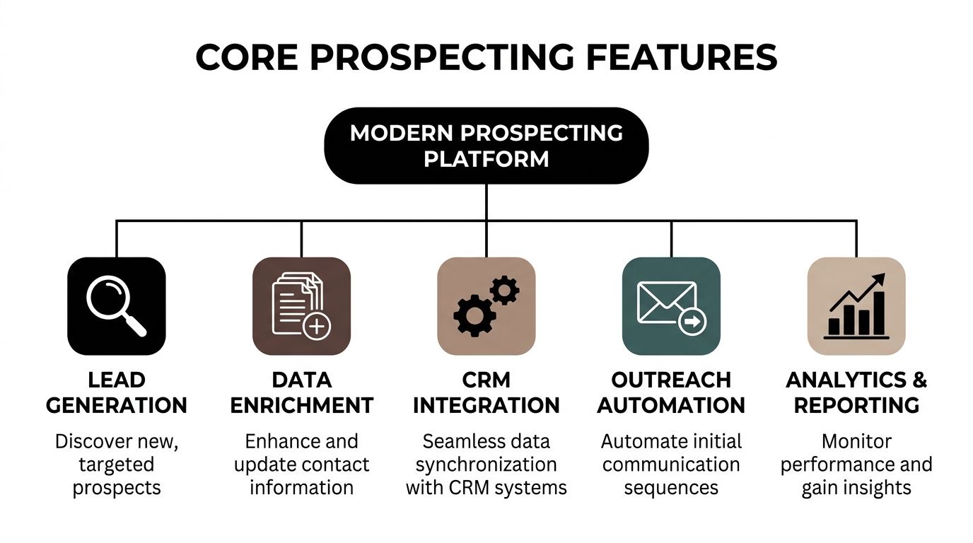 A diagram outlining the core features of a modern sales prospecting platform, including lead generation and analytics.