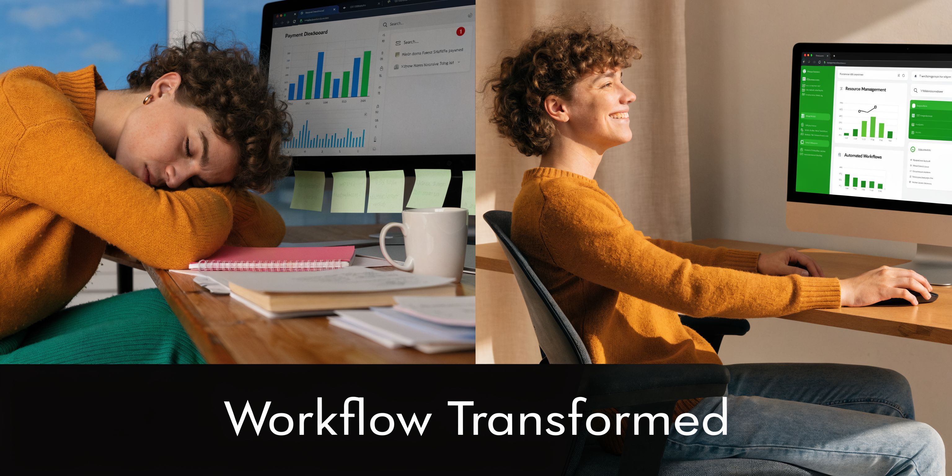 A split-screen comparison showing a tired person sleeping at a desk and a productive person working efficiently.