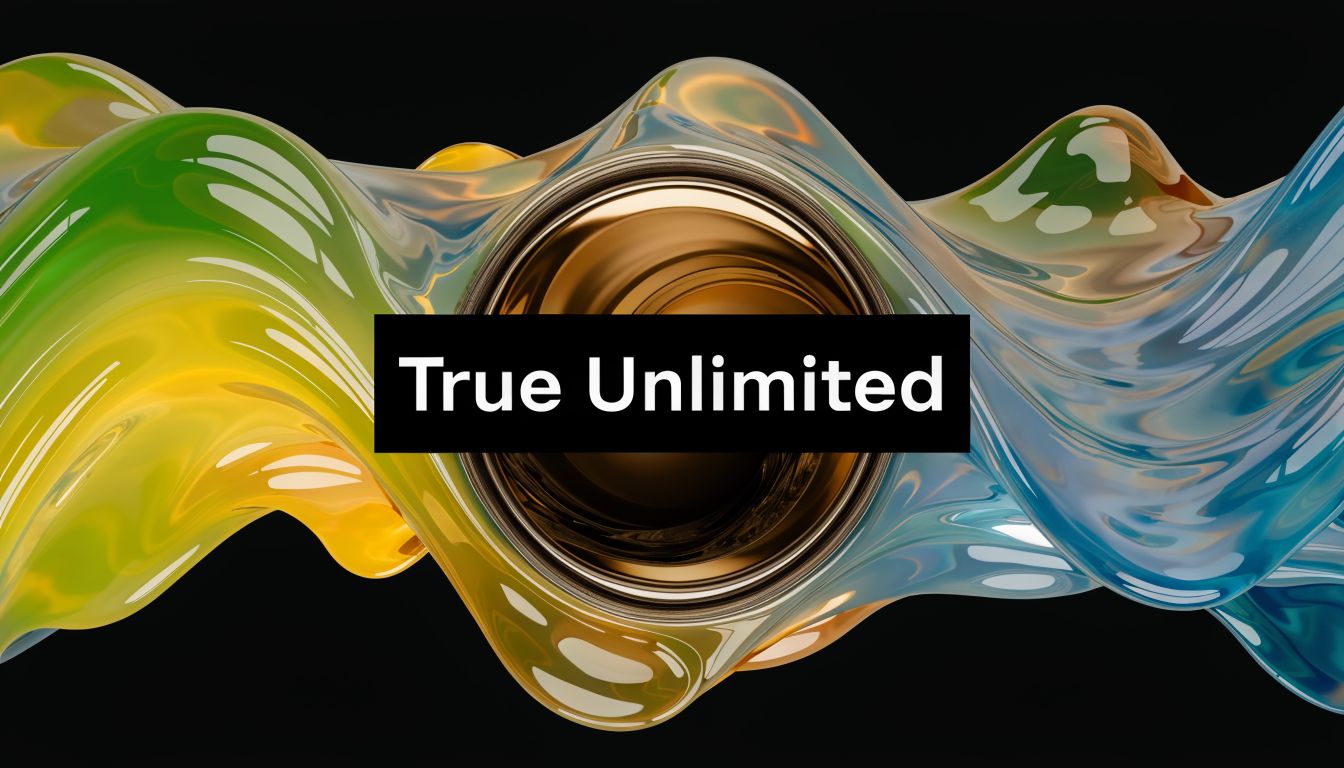 A digital abstract art piece featuring flowing yellow and blue waves surrounding a central metallic circle.