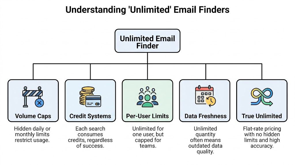 A flow chart titled Understanding Unlimited Email Finders outlining five categories of limitations in email finding services.