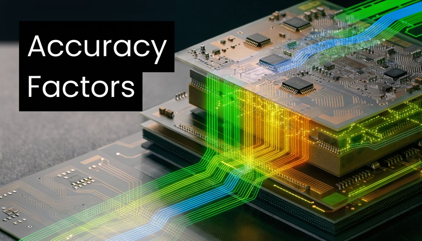 A conceptual digital illustration of stacked computer circuit boards with glowing data lines representing accuracy factors.
