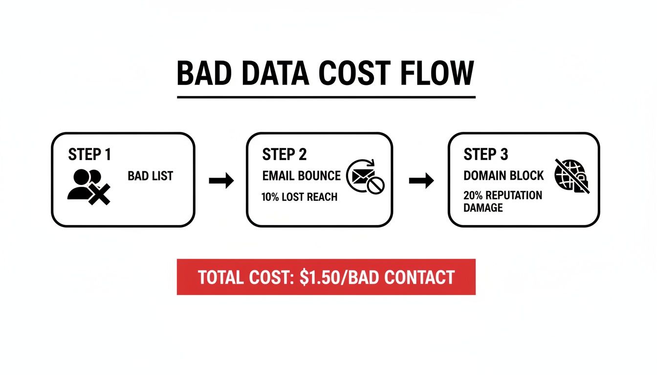 Flowchart detailing the negative cost flow of bad data, from bad lists to domain blocks.
