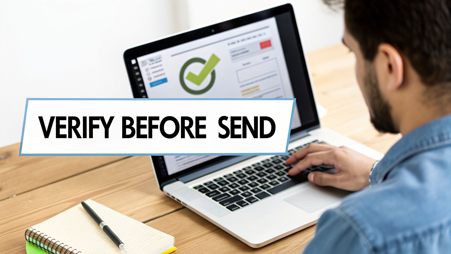 Man typing on a laptop with a green checkmark and 'VERIFY BEFORE SEND' banner on screen.