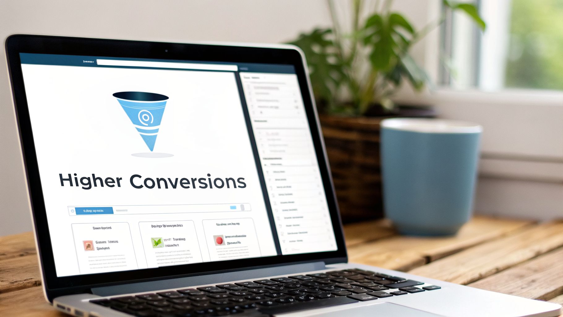 A laptop screen displays 'Higher Conversions' with a blue sales funnel icon.