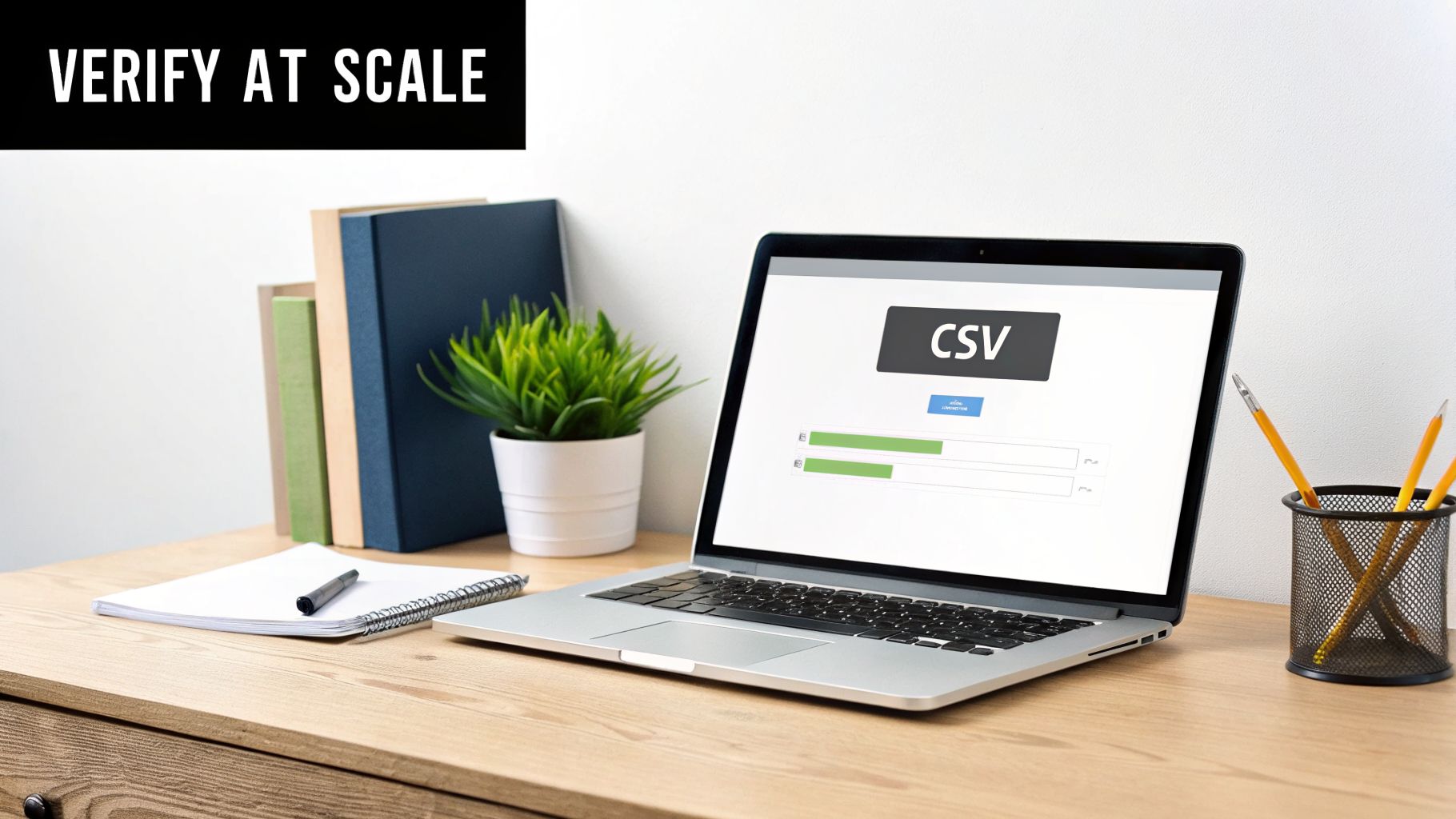 Laptop on a wooden desk showing a CSV data verification process with progress bars and office supplies.