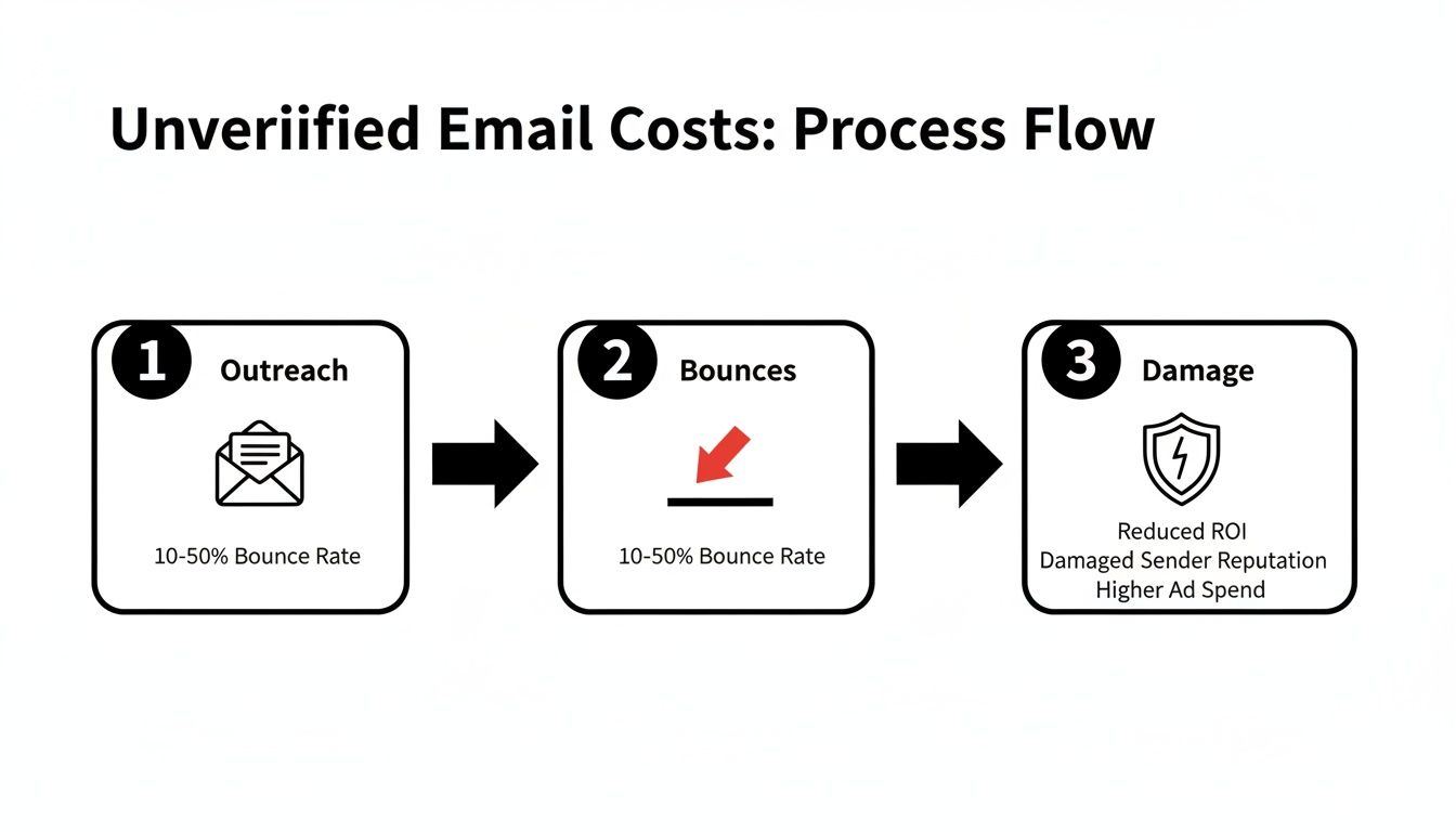 Process flow diagram showing unverified email costs: outreach, bounces, and resulting damage to ROI and reputation.