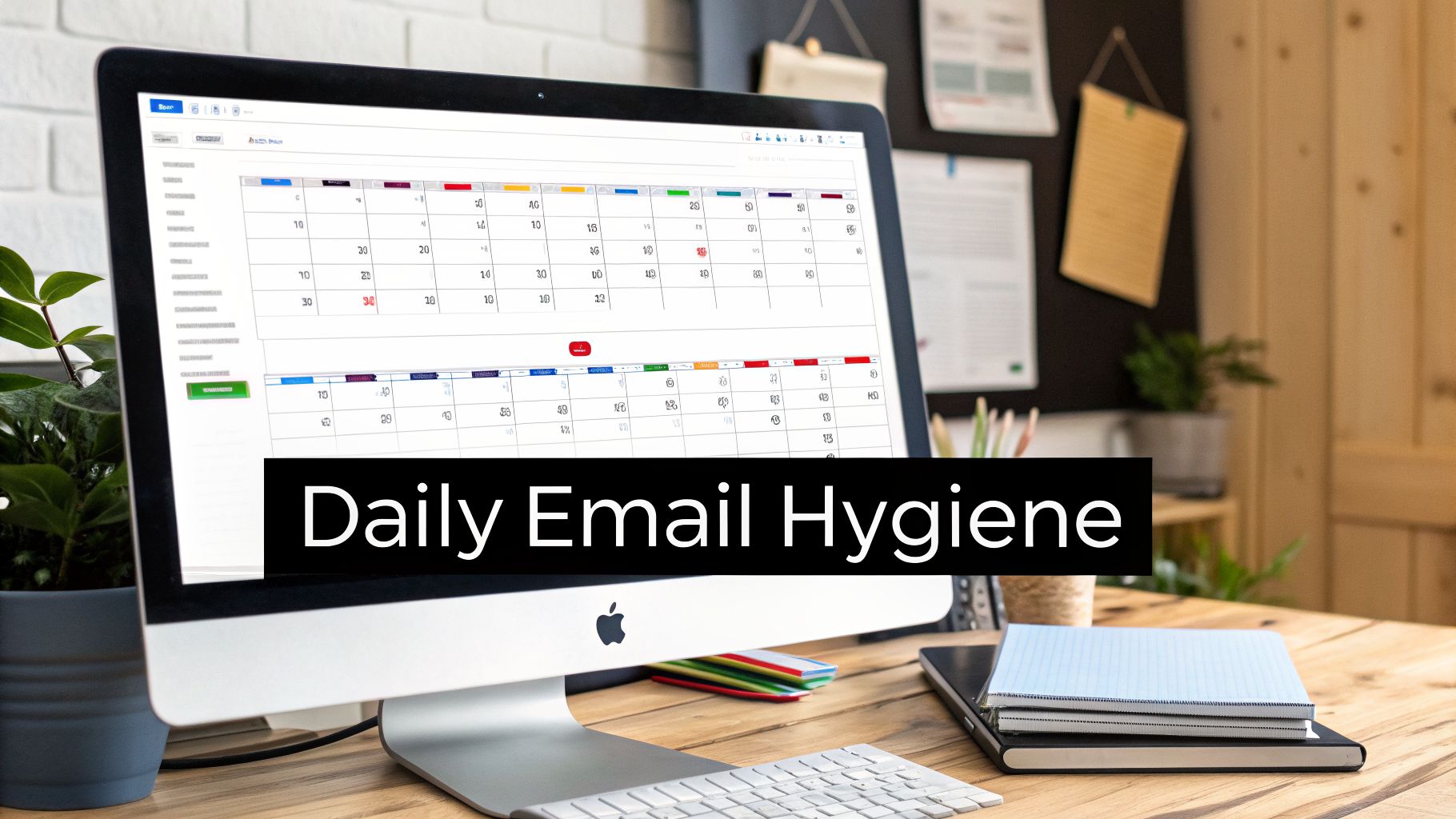 A desktop computer displaying a calendar, with a black banner saying 'Daily Email Hygiene' on a wooden desk.