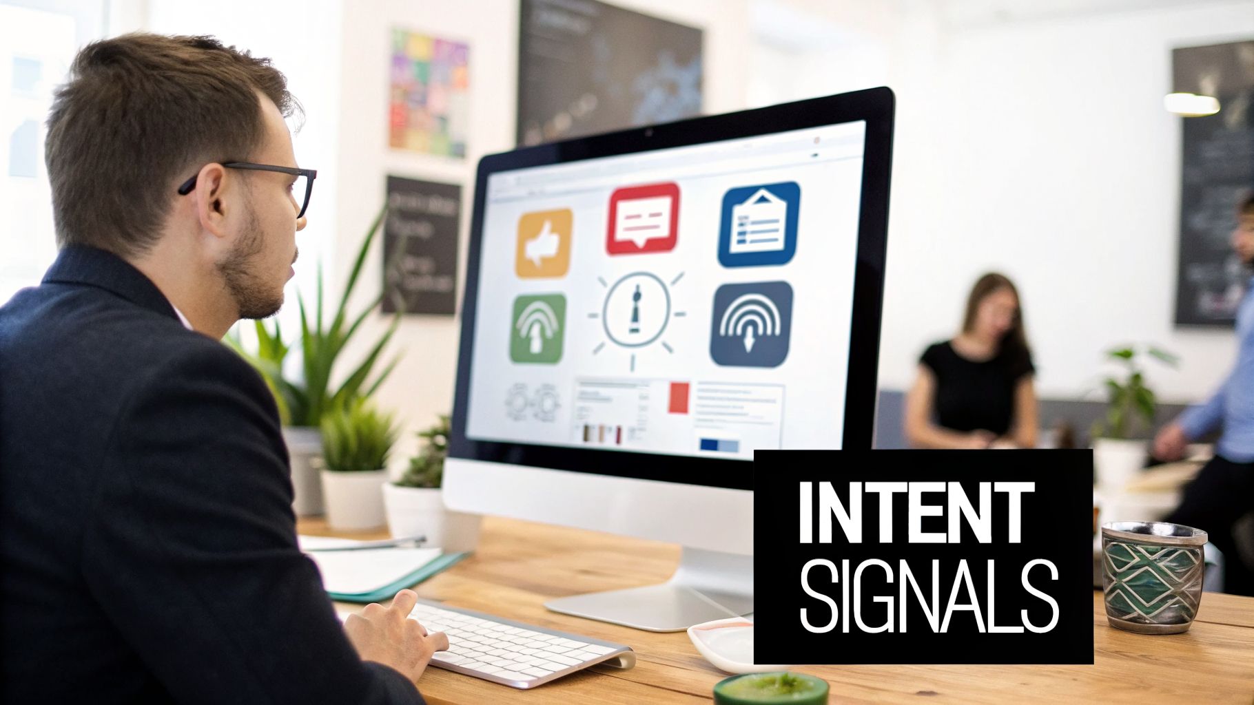 A man in a dark suit types on a keyboard while looking at a computer displaying app icons and Intent Signals